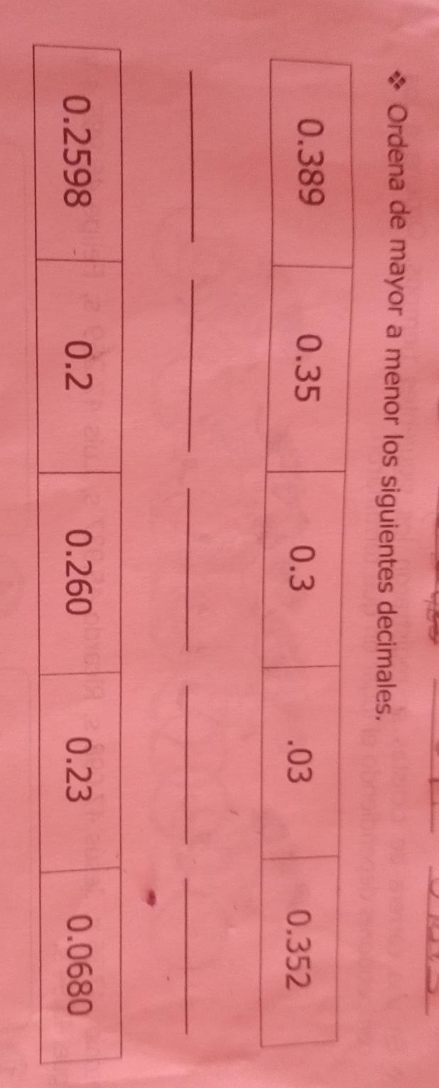Ordena de mayor a menor los siguientes decimales. 
_ 
_ 
_ 
__