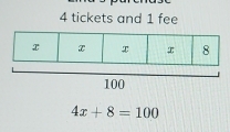 4 tickets and 1 fee
100
4x+8=100