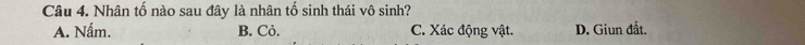 Nhân tố nào sau đây là nhân tố sinh thái vô sinh?
A. Nấm. B. Cỏ. C. Xác động vật. D. Giun đất.