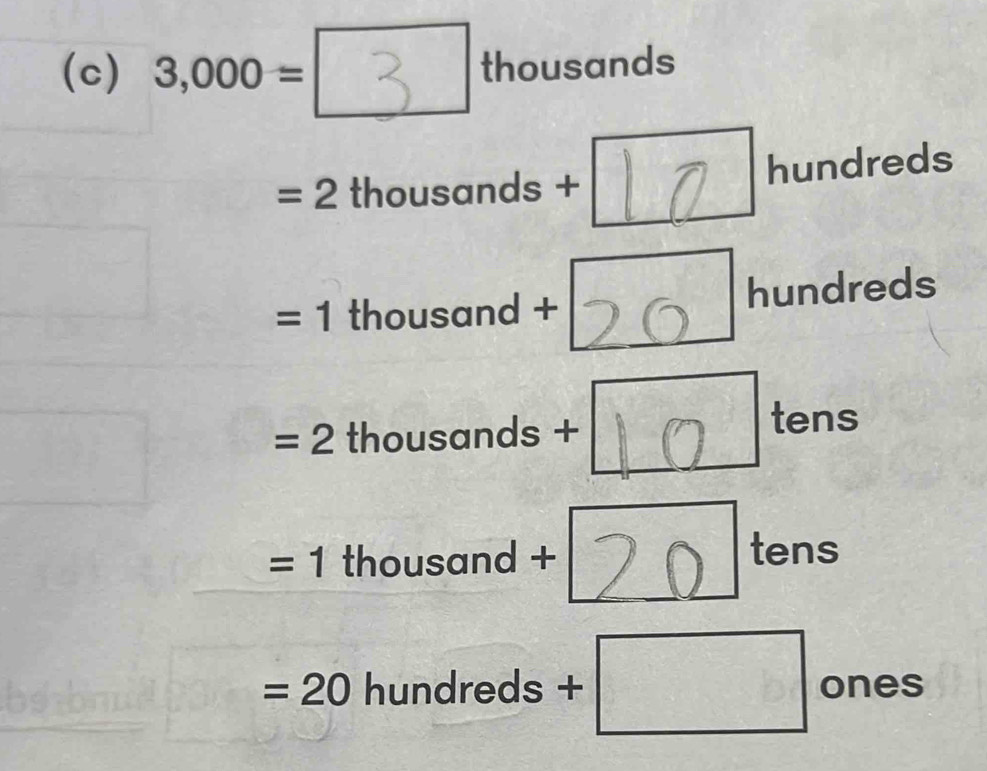 3,000= 2 thousands
=2 t thousands + a hundreds
=1 thousand +20 L hundreds
=2 thousan C s + L o° tens
f_2(x
=1 thousand + * 20 ' tens
=20 hundreds +□ ones