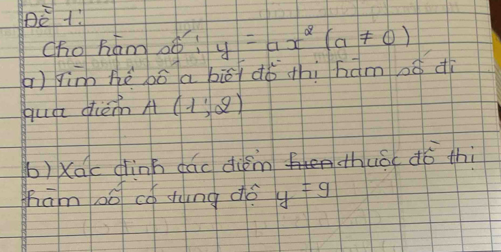 Dè+ 
cho hám o y=ax^2(a!= 0)
() Yinn hé bó a bīā dǒ thì hám oǒ dì 
guo diénn A(1,2)
b)xac dinh dáo diém thuǒc dó thi 
hām bó có sìng dé y=9