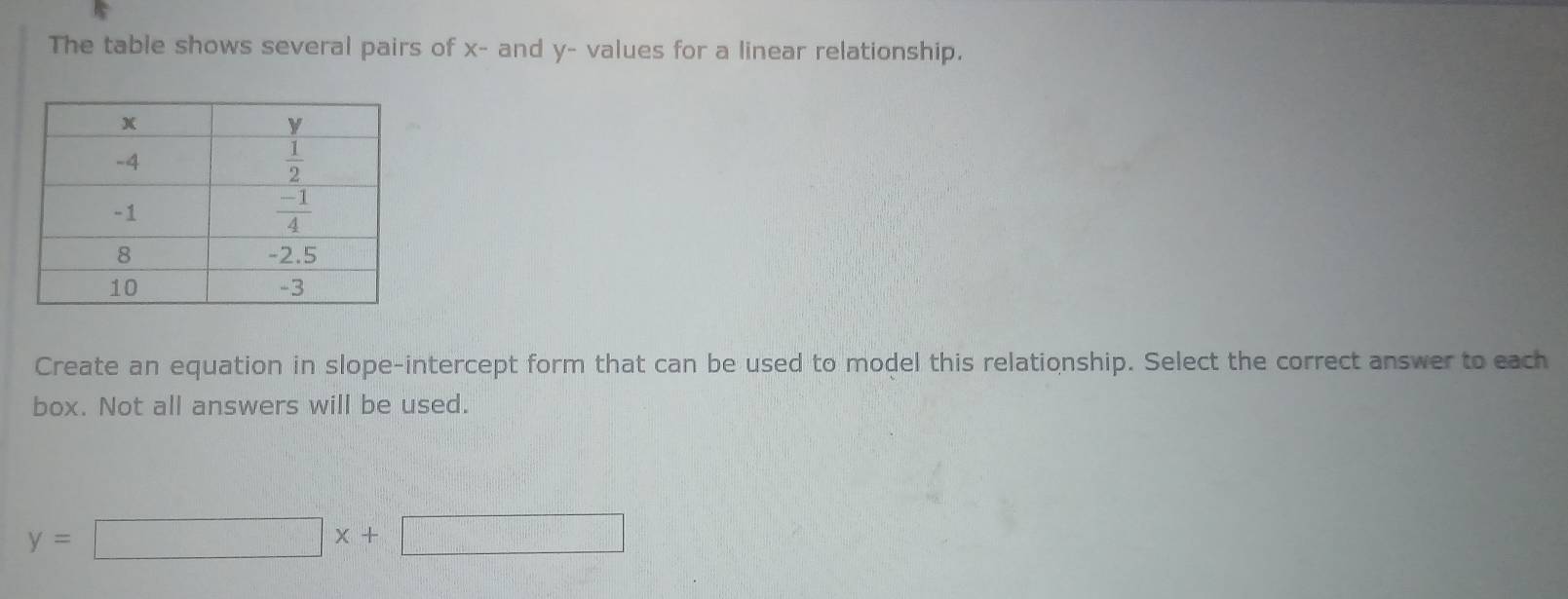 The table shows several pairs of x- and y- values for a linear relationship.
Create an equation in slope-intercept form that can be used to model this relationship. Select the correct answer to each
box. Not all answers will be used.
y=□ x+□