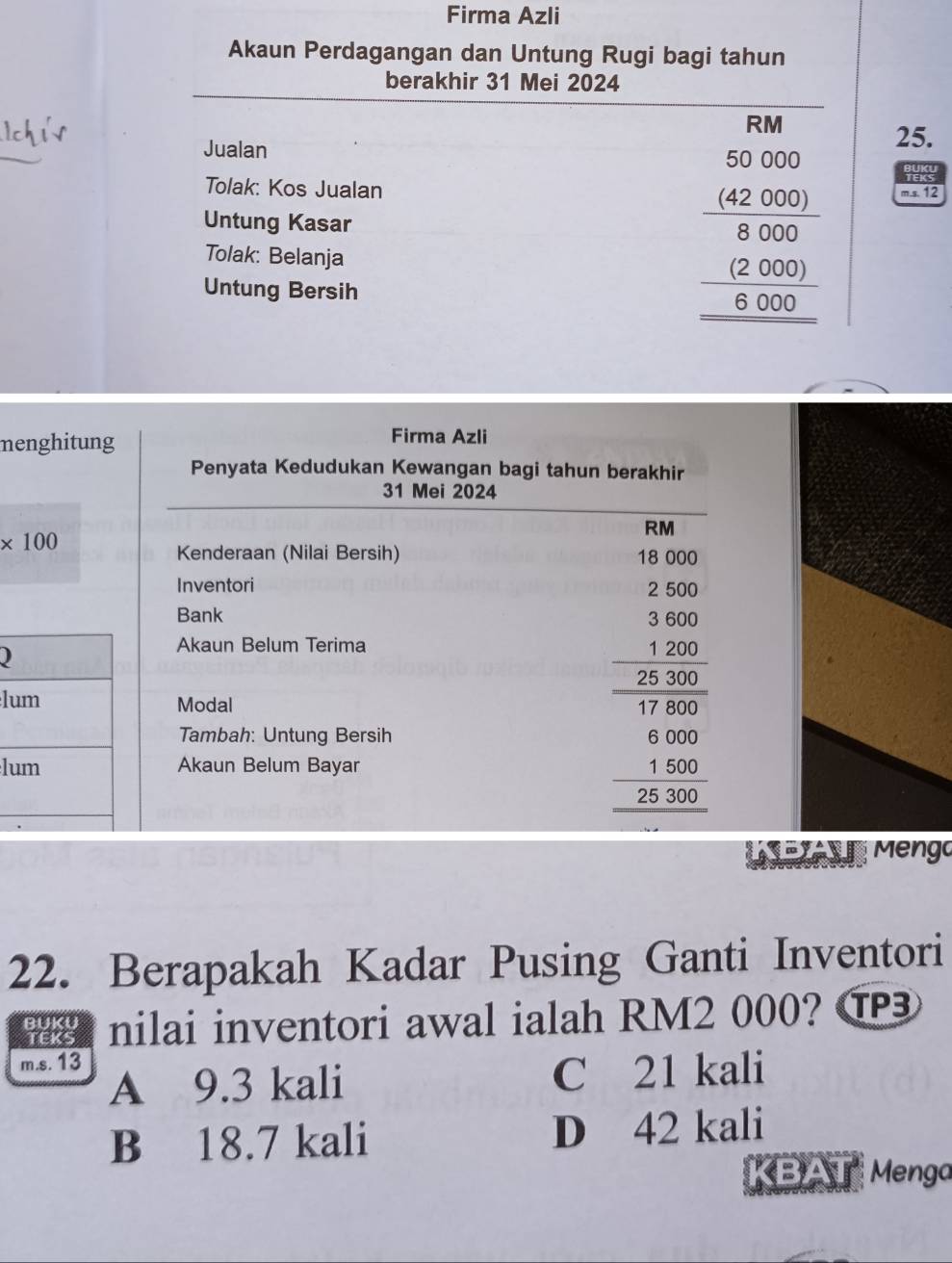 Firma Azli
Akaun Perdagangan dan Untung Rugi bagi tahun
berakhir 31 Mei 2024
RM
Jualan
25.
Tolak: Kos Jualan
Untung Kasar beginarrayr 50,50.000 (42.000)endarray 000 _ 02.000 _ 6. m.s. 12
Tolak: Belanja
Untung Bersih
ne
J
lu
lu
KDAV Mengo
22. Berapakah Kadar Pusing Ganti Inventori
nilai inventori awal ialah RM2 000? 
m.s. 13
A 9.3 kali C 21 kali
B 18.7 kali D 42 kali
KBATMenga