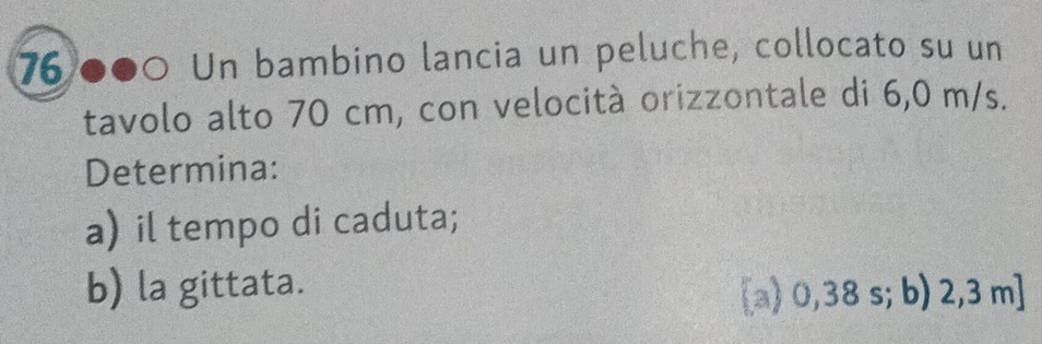 a Un bambino lancia un peluche, collocato su un 
tavolo alto 70 cm, con velocità orizzontale di 6,0 m/s. 
Determina: 
a) il tempo di caduta; 
b) la gittata. 
[a) 0,38 s; b) 2,3 m]