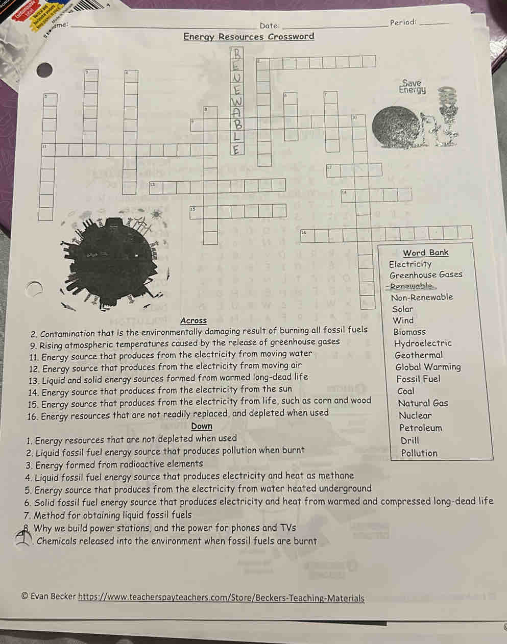 Solved: date _period:_ energy resources crossword -renewable non ...