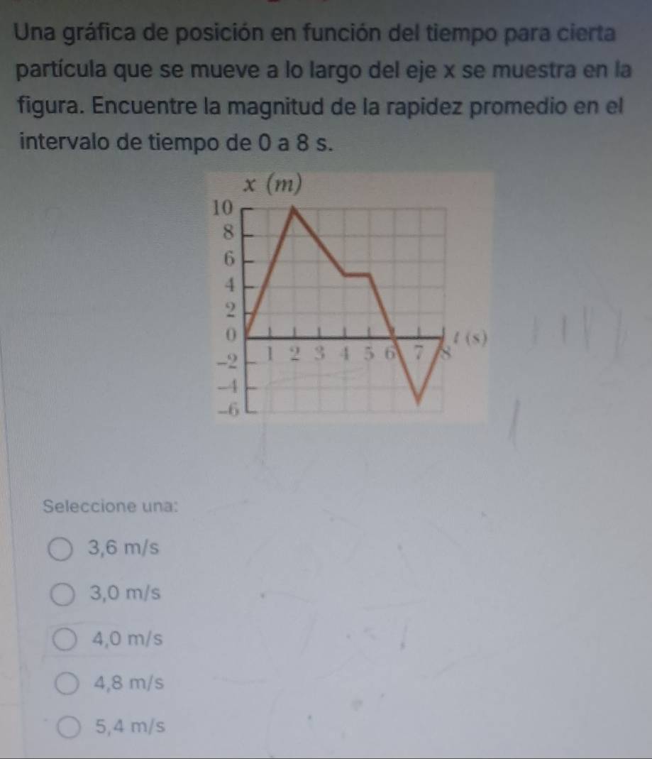 Una gráfica de posición en función del tiempo para cierta
partícula que se mueve a lo largo del eje x se muestra en la
figura. Encuentre la magnitud de la rapidez promedio en el
intervalo de tiempo de 0 a 8 s.
Seleccione una:
3,6 m/s
3,0 m/s
4,0 m/s
4,8 m/s
5,4 m/s