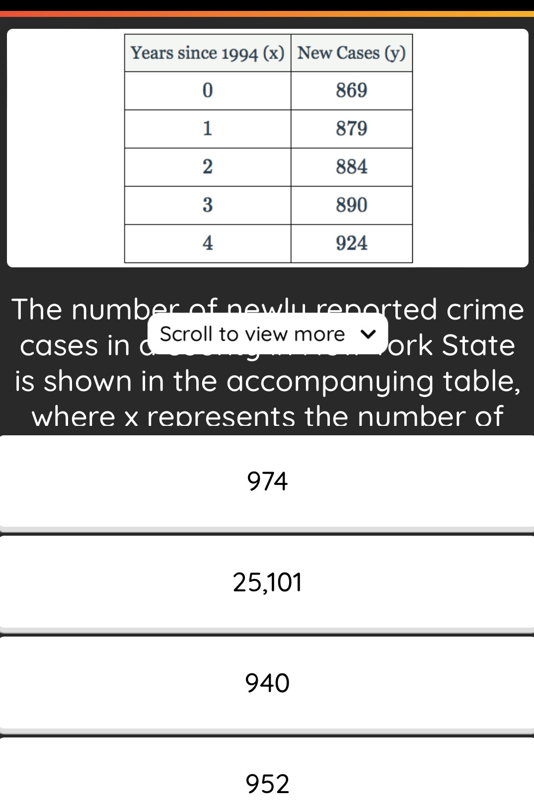 The number of newly reported crime
cases in d Scroll to view more ork State
is shown in the accompanying table,
where x represents the number of
974
25,101
940
952