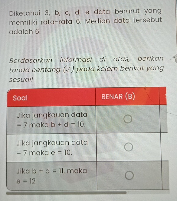 Diketahui 3, b, c, d, e data berurut yang
memiliki rata-rata 6. Median data tersebut
adalah 6.
Berdasarkan informasi di atas, berikan
tanda centang (√ ) pada kolom berikut yang
sesuai!