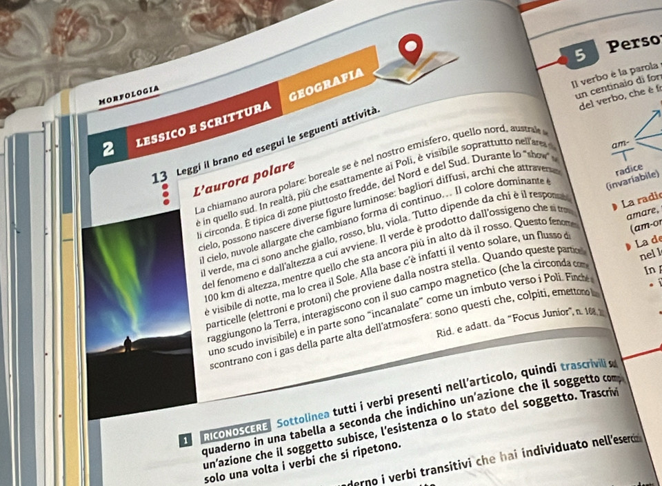 Perso
Il verbo è la parola
MORFOLOGIA
geografia
un centinaio di for
del verbo, che è f
lEsSiCo e SCrittura
13 Leggi il brano ed esegui le seguenti attività
La chiamano aurora polare: boreale se è nel nostro emísfero, quello nord, austral
L’aurora polare
e in quello sud. In realtà, più che esattamente ai Poli, è visibile soprattutto ne l are am-
di circonda. É típica di zone piuttosto fredde, del Nord e del Sud. Durante lo "show 
cielo, possono nascere diverse figure luminose; bagliorí diffusi, archi che attraver radice
l cielo, nuvole allargate che cambiano forma di continuo.. Il colore dominante
del fenomeno e dall'altezza a cui avviene. Il verde è prodotto dall'ossigeno che si tro (invariabile)
El verde, ma ci sono anche giallo, rosso, blu, viola. Tutto dipende da chi è il responsa
nel l
100 km di altezza, mentre quello che sta ancora più in alto dà il rosso. Questo fenom
é visibile di notte, ma lo crea il Sole. Alla base c'è infatti il vento solare, un flusso d La radi amare,
In 
particelle (elettroní e protoni) che proviene dalla nostra stella. Quando queste partic La de
raggiungono la Terra, ínteragiscono con il suo campo magnetico (che la circonda com (am-or
uno scudo invisibile) e in parte sono “incanalate” come un imbuto verso i Poli. Finche
Rid, e adatt. da “Focus Junior”, n. 168. 2
scontrano con í gas della parte alta dell'atmosfera: sono questi che, colpiti, emetton 
RIcONOSCERE Sottolinea tutti i verbi presenti nell’articolo, quíndi trascrivili s
quaderno in una tabella a seconda che indichino un’azione che il soggetto comp
un’azione che il soggetto subisce, l'esistenza o lo stato del soggetto. Trascrivi
derno i verbi transitivi che hai individuato nell'eserd 
solo una volta i verbi che si ripetono.