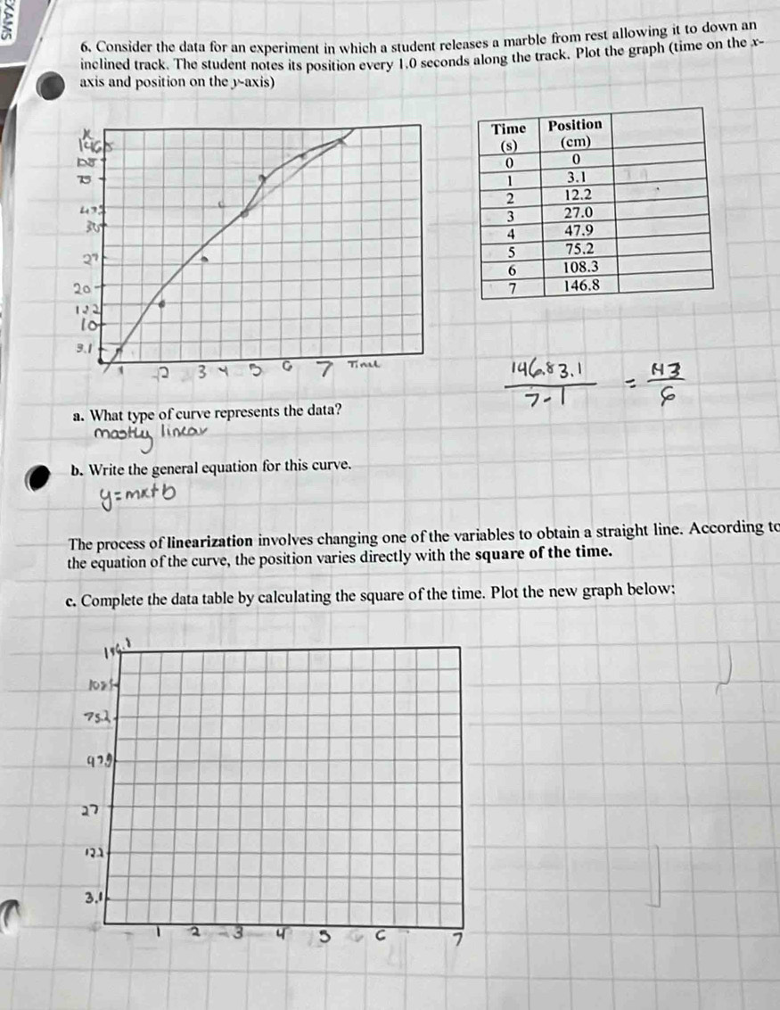 Consider the data for an experiment in which a student releases a marble from rest allowing it to down an 
inclined track. The student notes its position every 1.0 seconds along the track. Plot the graph (time on the x - 
axis and position on the y-axis) 
a. What type of curve represents the data? 
b. Write the general equation for this curve. 
The process of linearization involves changing one of the variables to obtain a straight line. According to 
the equation of the curve, the position varies directly with the square of the time. 
c. Complete the data table by calculating the square of the time. Plot the new graph below: