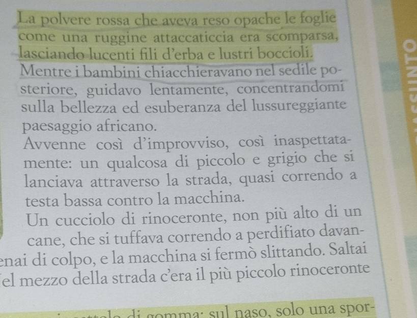 La polvere rossa che aveva reso opache le foglie 
come una ruggine attaccaticcia era scomparsa, 
lasciando lucenti fili d’erba e lustri boccioli. 
Mentre i bambini chiacchieravano nel sedile po- 
steriore, guidavo lentamente, concentrandomi 
sulla bellezza ed esuberanza del lussureggiante 
paesaggio africano. 
Avvenne così d'improvviso, così inaspettata- 
mente: un qualcosa di piccolo e grigio che si 
lanciava attraverso la strada, quasi correndo a 
testa bassa contro la macchina. 
Un cucciolo di rinoceronte, non più alto di un 
cane, che si tuffava correndo a perdifiato davan- 
enai di colpo, e la macchina si fermò slittando. Saltai 
Tel mezzo della strada c’era il più piccolo rinoceronte 
n a sul naso, solo una spor