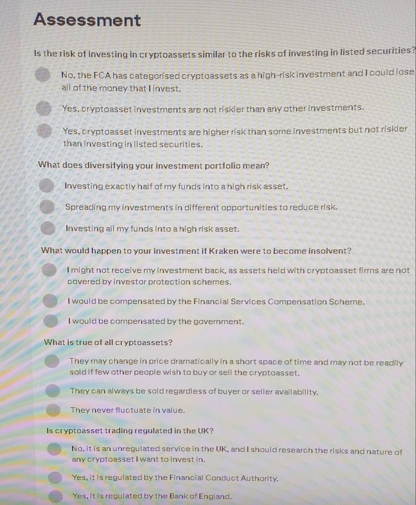Solved: Assessment Is the risk of investing in cryptoassets similar to the  risks of investing in l [Business]