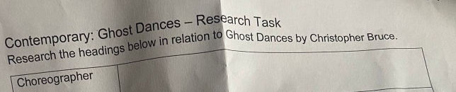 Contemporary: Ghost Dances - Research Task 
Research the headings below in relation to Ghost Dances by Christopher Bruce. 
Choreographer