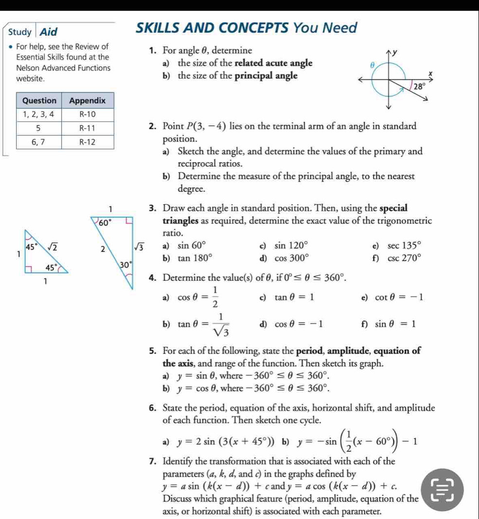 Study Aid SKILLS AND CONCEPTS You Need
For help, see the Review of
Essential Skills found at the 1. For angle θ, determine
Nelson Advanced Functions
a) the size of the related acute angle 
website. b) the size of the principal angle
2. Point P(3,-4) lies on the terminal arm of an angle in standard
position.
a) Sketch the angle, and determine the values of the primary and
reciprocal ratios.
b) Determine the measure of the principal angle, to the nearest
degree.
3. Draw each angle in standard position. Then, using the special
triangles as required, determine the exact value of the trigonometric
ratio.
a) sin 60° c) sin 120° e) sec 135°
b) tan 180° d) cos 300° f) csc 270°
4. Determine the value(s) of θ, if 0°≤ θ ≤ 360°.
a) cos θ = 1/2  c) tan θ =1 e) cot θ =-1
b) tan θ = 1/sqrt(3)  d) cos θ =-1 f) sin θ =1
5. For each of the following, state the period, amplitude, equation of
the axis, and range of the function. Then sketch its graph.
a) y=sin θ , where -360°≤ θ ≤ 360°.
b) y=cos θ , where -360°≤ θ ≤ 360°.
6. State the period, equation of the axis, horizontal shift, and amplitude
of each function. Then sketch one cycle.
a) y=2sin (3(x+45°)) b) y=-sin ( 1/2 (x-60°))-1
7. Identify the transformation that is associated with each of the
parameters (a, k, d, and c) in the graphs defined by
y=asin (k(x-d))+c and y=acos (k(x-d))+c.
Discuss which graphical feature (period, amplitude, equation of the
axis, or horizontal shift) is associated with each parameter.