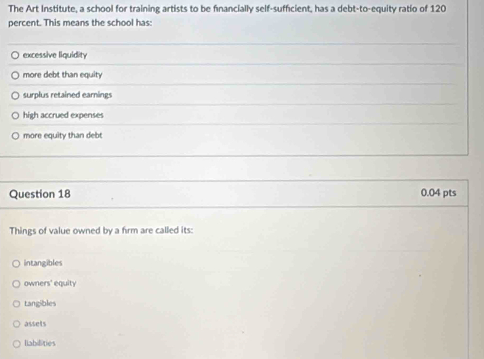 The Art Institute, a school for training artists to be fnancially self-sufficient, has a debt-to-equity ratio of 120
percent. This means the school has:
excessive liquidity
more debt than equity
surplus retained earnings
high accrued expenses
more equity than debt
Question 18 0.04 pts
Things of value owned by a firm are called its:
intangibles
owners' equity
tangibles
assets
liabilities