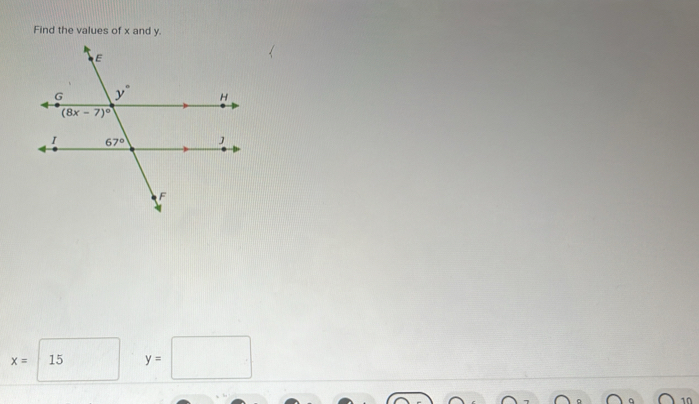 Find the values of x and y.
x= 15 y=□
10