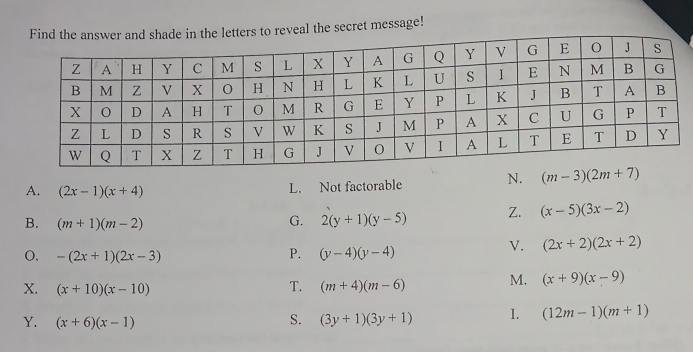 to reveal the secret message!
A. (2x-1)(x+4) L. Not factorable N. (m-3)(2m+7)
B. (m+1)(m-2)
G. 2(y+1)(y-5) Z. (x-5)(3x-2)
P.
O. -(2x+1)(2x-3) (y-4)(y-4)
V. (2x+2)(2x+2)
X. (x+10)(x-10)
T. (m+4)(m-6) M. (x+9)(x-9)
Y. (x+6)(x-1)
S. (3y+1)(3y+1) 1. (12m-1)(m+1)