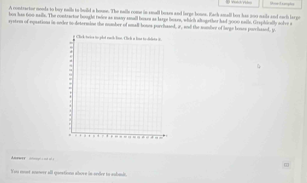 ⑤ Watch Video Show Examples 
A contractor needs to buy nails to build a house. The nails come in small boxes and large boxes. Each small box has 200 nails and each large 
box has 600 nails. The contractor bought twice as many small boxes as large boxes, which altogether had 3000 nails. Graphically solve a 
system of equations in order to determine the number of small boxes purchased, 2, and the number of large boxes purchased, y. 
Answer Atteupt s out of a 
You must answer all questions above in order to submit.