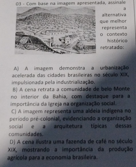 Com base na imagem apresentada, assinale
a
alternativa
ue melhor
representa
o contexto
histórico
retratado:
A) A imagem demonstra a urbanização
acelerada das cidades brasileiras no século XIX,
impulsionada pela industrialização.
B) A cena retrata a comunidade de belo Monte
no interior da Bahia, com destaque para a
importância da Igreja na organização social.
C) A imagem representa uma aldeia indígena no
período pré-colonial, evidenciando a organização
social e a arquitetura típicas dessas
comunidades.
D) A cena ilustra uma fazenda de café no século
XIX, mostrando a importância da produção
agrícola para a economia brasileira.