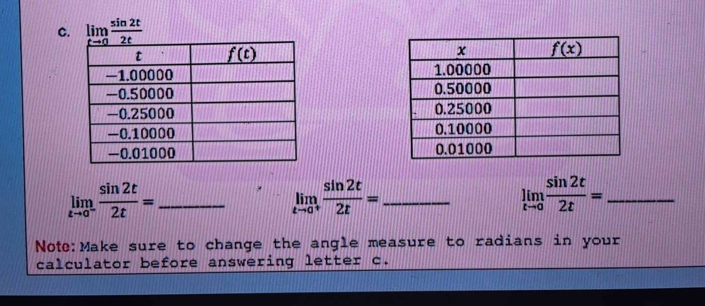 limlimits _tto 0 sin 2t/2t 
_ limlimits _tto 0^- sin 2t/2t =
limlimits _tto 0^+ sin 2t/2t = _
_ limlimits _tto 0 sin 2t/2t =
Note:Make sure to change the angle measure to radians in your
calculator before answering letter c.