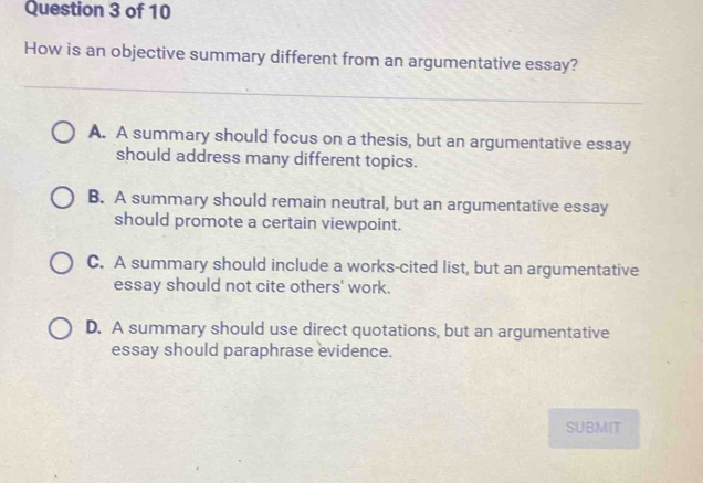 Solved: How is an objective summary different from an argumentative ...