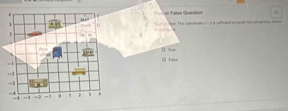 Truor False Question
Ma'
3 Te or Nse: The coordinate x=2 is cufficient to toceer the schoal bus, shoser.
trud N
In the lourd.
2. 
Post True
u offce

-1 False
=2
o
u
-3. , .
-4
-4 -3 -2 -1 0 1 2 3 4