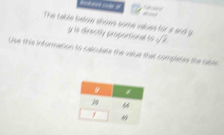 Fara 
The table elow shows some values for a and y
y is directly proportional to sqrt(8), 
Use this information to calculate the value that complates the tlde