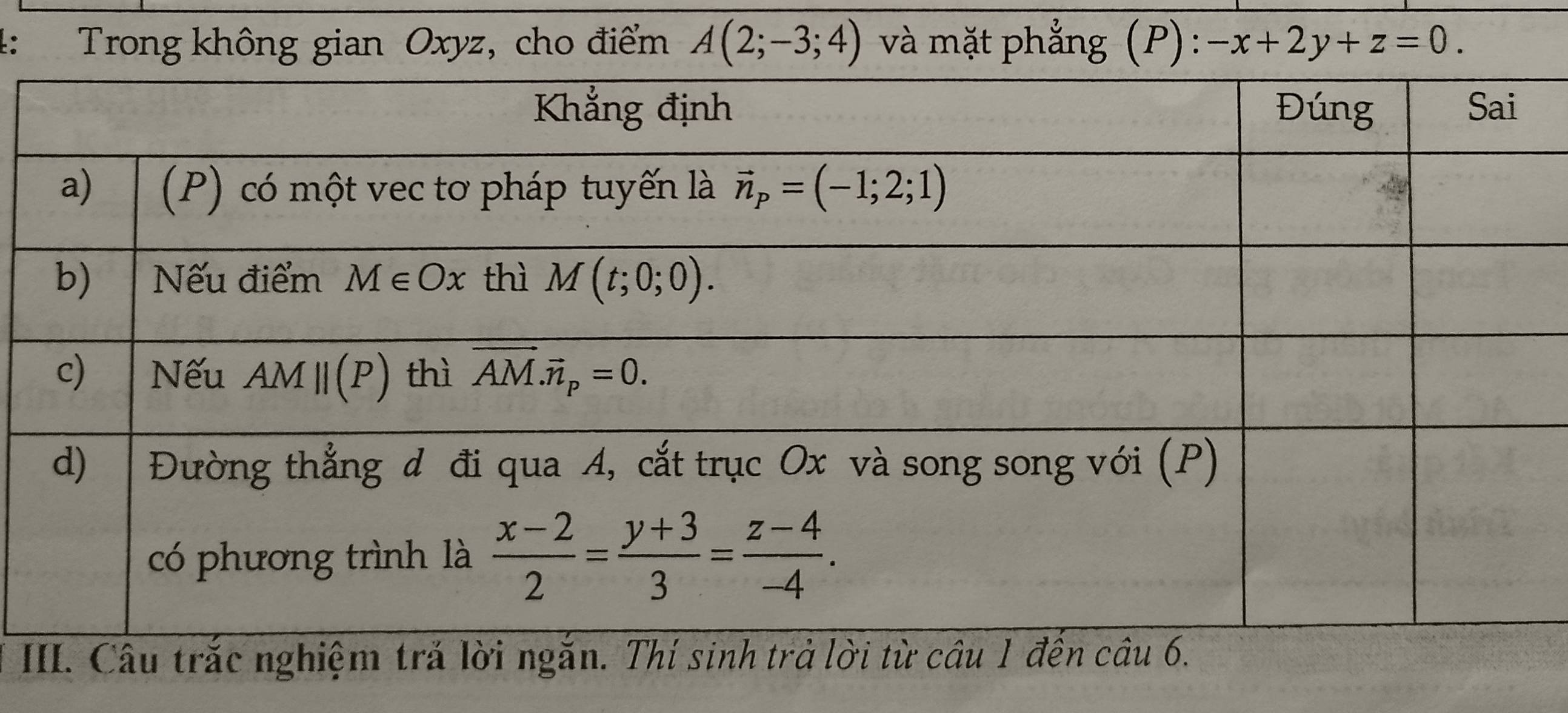 4: Trong không gian Oxyz, cho điểm A(2;-3;4) và mặt phẳng (P): -x+2y+z=0.
I