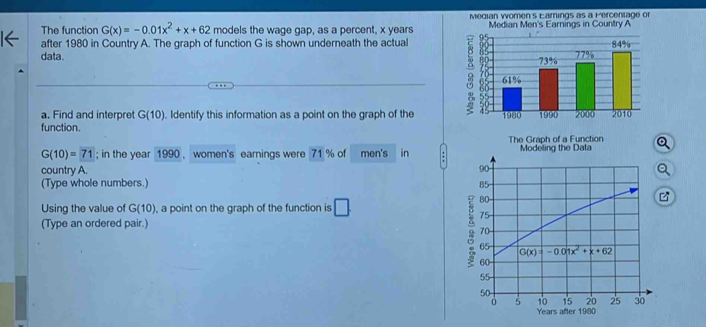 Median Women's Earnings as a Percentage or
The function G(x)=-0.01x^2+x+62 models the wage gap, as a percent, x years Median Men's Earnings in Country A
after 1980 in Country A. The graph of function G is shown underneath the actual
data. 
a. Find and interpret G(10). Identify this information as a point on the graph of the 
function.
The Graph of a Function
G(10)=71; in the year 1990 , women's earnings were 71 % of men's in Modeling the Data
country A. 
(Type whole numbers.) 
Using the value of G(10) , a point on the graph of the function is □ .
(Type an ordered pair.)
Years after 1980