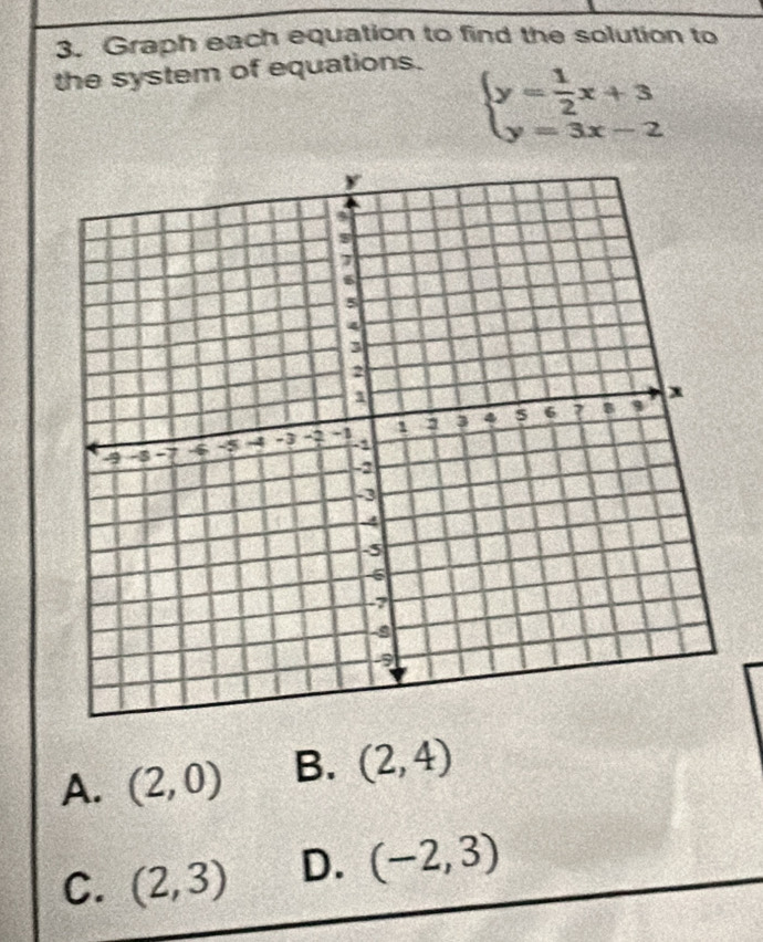 Graph each equation to find the solution to
the system of equations.
beginarrayl y= 1/2 x+3 y=3x-2endarray.
A. (2,0) B. (2,4)
C. (2,3) D. (-2,3)