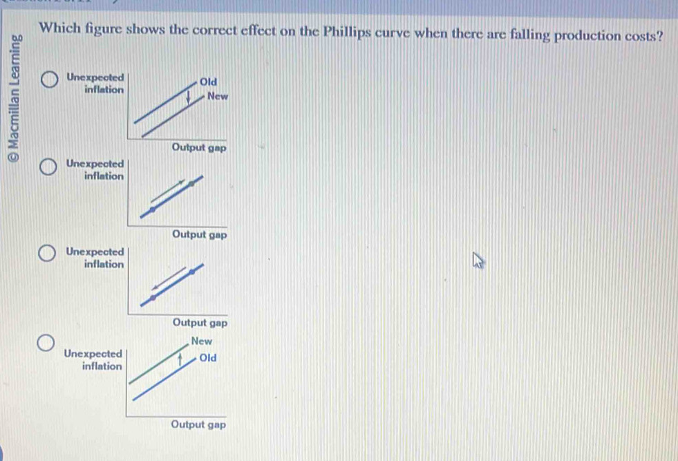 Which figure shows the correct effect on the Phillips curve when there are falling production costs?
Unexpecte
inflatio
Output gap
Unexpected
inflation
Output gap
Unexpected
inflation
Output gap
Unexpecte
inflatio
Output gap