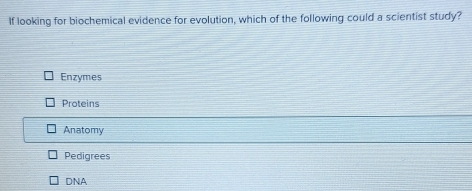 If looking for biochemical evidence for evolution, which of the following could a scientist study?
Enzymes
Proteins
Anatomy
Pedigrees
DNA