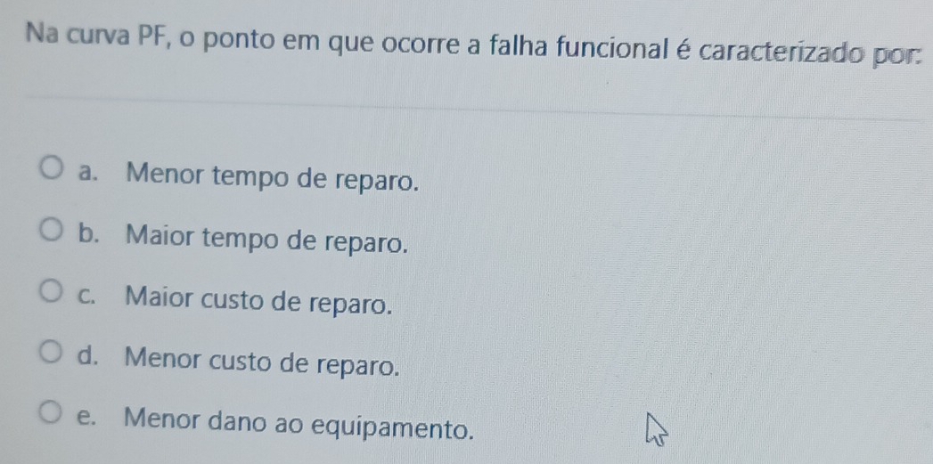 Na curva PF, o ponto em que ocorre a falha funcional é caracterizado por:
a. Menor tempo de reparo.
b. Maior tempo de reparo.
c. Maior custo de reparo.
d. Menor custo de reparo.
e. Menor dano ao equipamento.