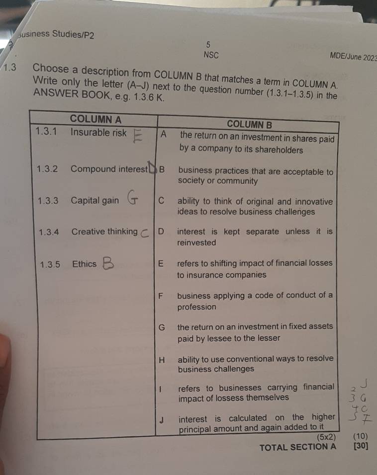 Susiness Studies/P2 
5 
NSC 
MDE/June 2023 
1.3 Choose a description from COLUMN B that matches a term in COLUMN A. 
Write only the letter (A-J) next to the question number (1.3.1-1.3.5) in the 
ANSWER BOOK, e.g. 1.3.6 K. 
(10) 
[30]