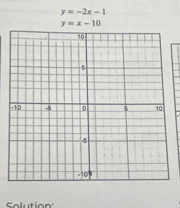 y=-2x-1
y=x-10
Solution: