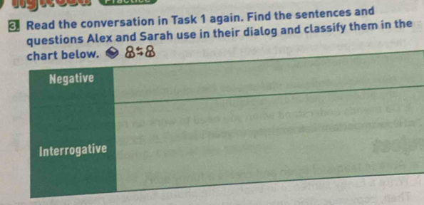 Read the conversation in Task 1 again. Find the sentences and 
questions Alex and Sarah use in their dialog and classify them in the 
ow. 8/ 8