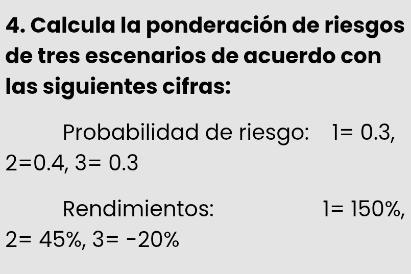 Calcula la ponderación de riesgos 
de tres escenarios de acuerdo con 
las siguientes cifras: 
Probabilidad de riesgo: 1=0.3,
2=0.4, 3=0.3
Rendimientos: 1=150% ,
2=45% , 3=-20%