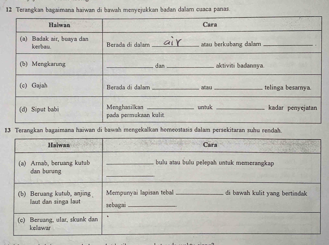 Terangkan bagaimana haiwan di bawah menyejukkan badan dalam cuaca panas. 
13 Terangkan bagaimana haiwan di bawah mengekalkan homeostasis dalam persekitaran suhu rendah.