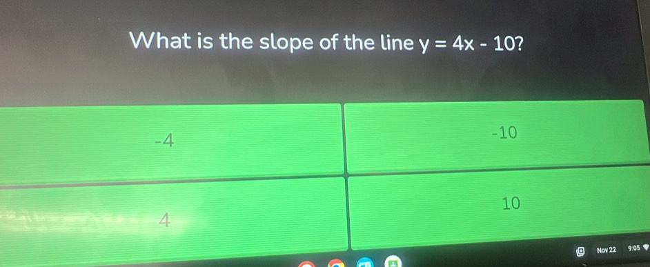 What is the slope of the line y=4x-10 2 
◆