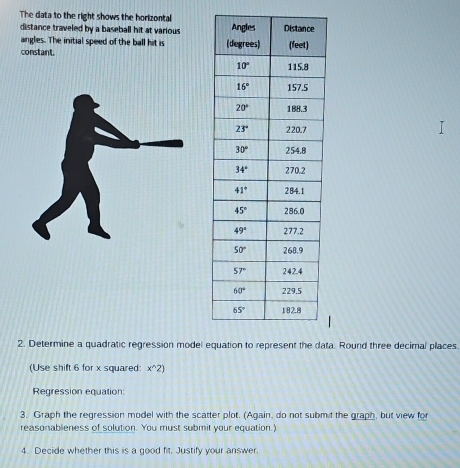 The data to the right shows the horizontal
distance traveled by a baseball hit at various 
angles. The initial speed of the ball hit is 
constant.
2. Determine a quadratic regression model eta. Round three decimal places.
(Use shift 6 for x squared: x^(wedge)2)
Regression equation:
3. Graph the regression model with the scatter plot. (Again, do not submit the graph, but view for
reasonableness of solution. You must submit your equation.)
4. Decide whether this is a good fit. Justify your answer.