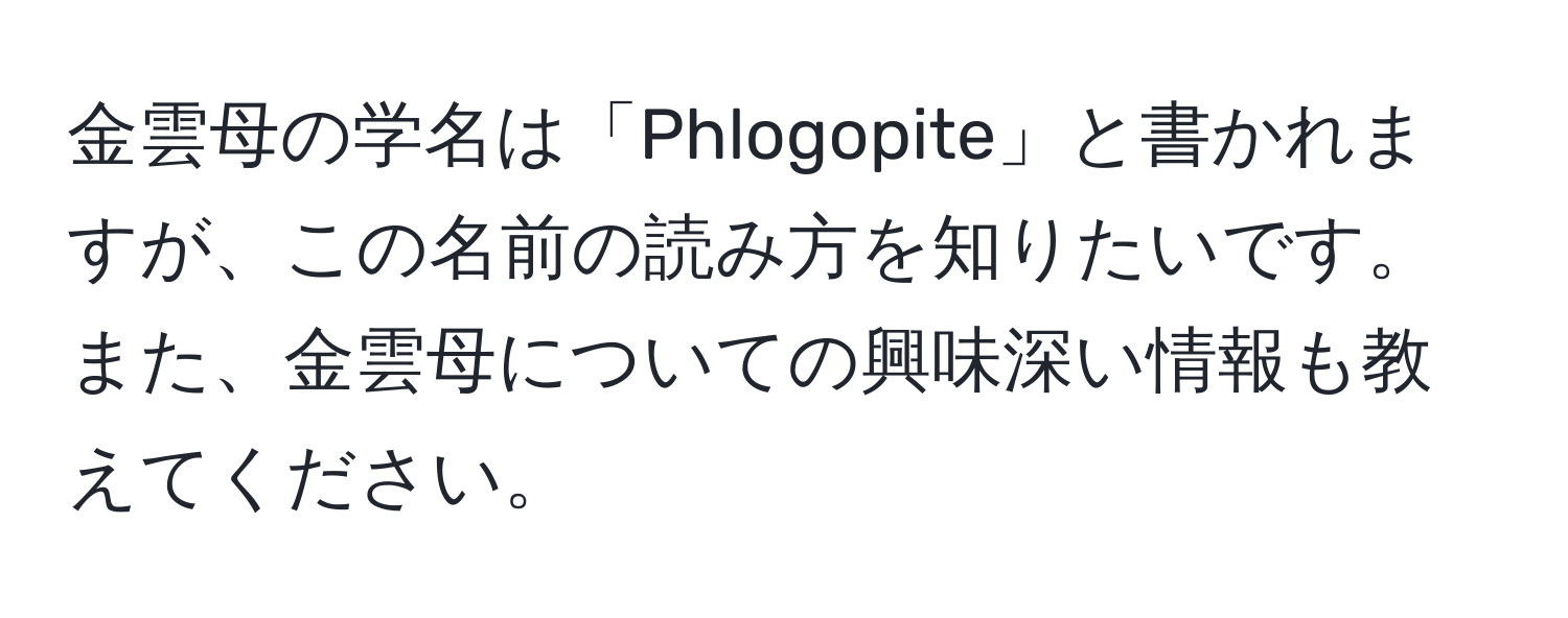 金雲母の学名は「Phlogopite」と書かれますが、この名前の読み方を知りたいです。また、金雲母についての興味深い情報も教えてください。