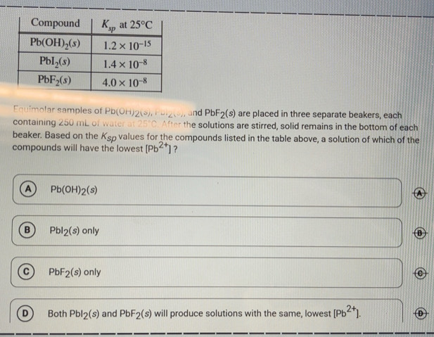 Solved: Equimolar samples of Pb(OH)2(s),Fu_2(s), , and PbF_2(s) are ...