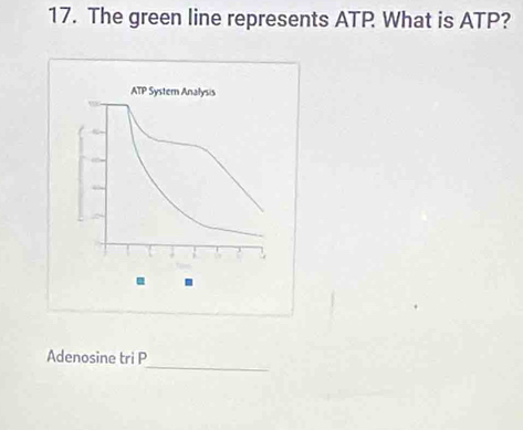 The green line represents ATP What is ATP?
ATP System Analysis 
. 
_ 
Adenosine tri P