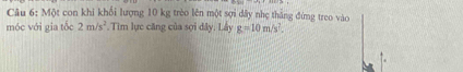 Một con khi khổi lượng 10 kg trèo lên một sợi dây nhẹ tháng đứng treo vào 
móc với gia tốc 2m/s^2 *. Tìm lực căng của sợi dây, Lẩy g=10m/s^2.