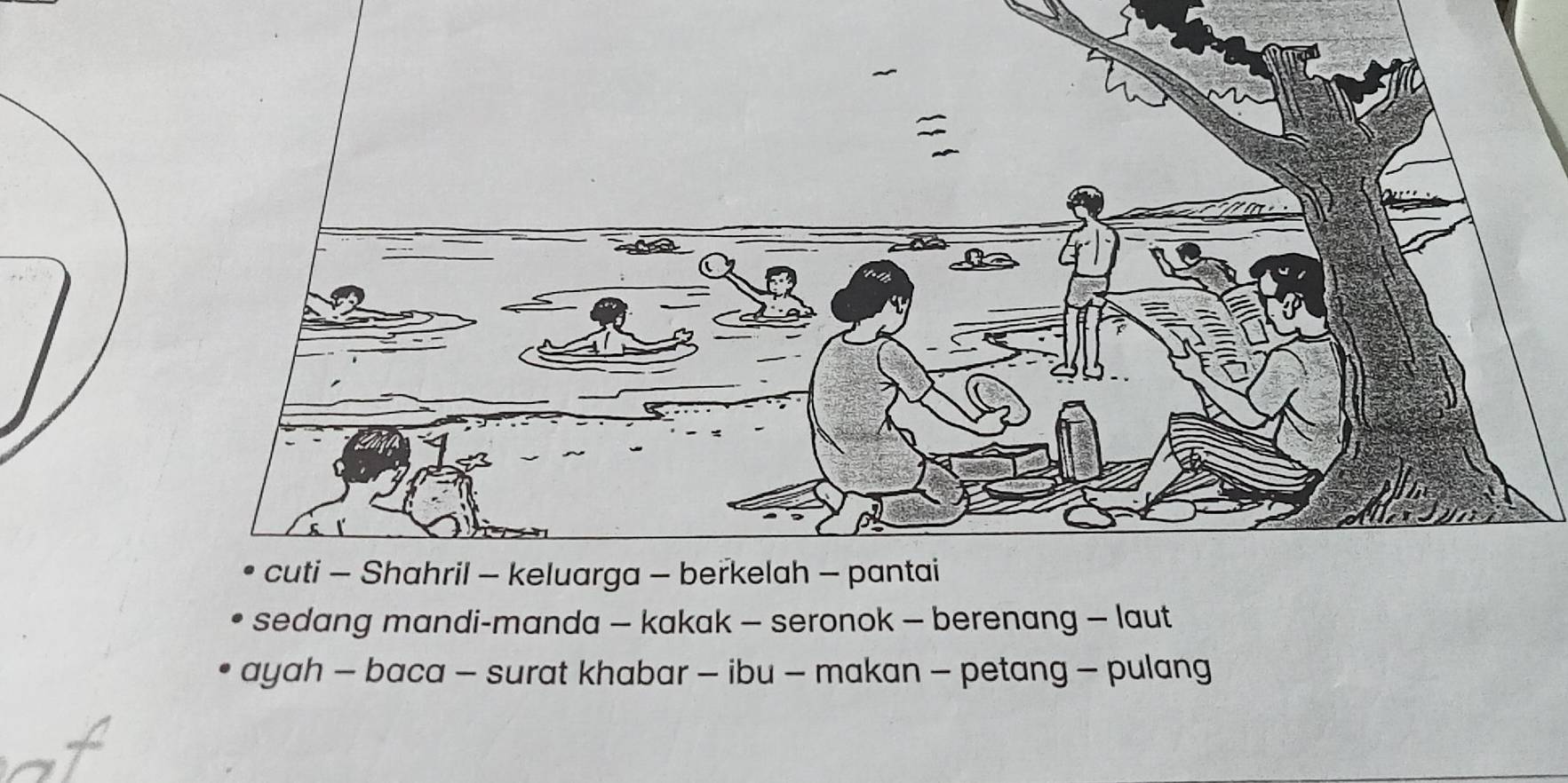 cuti - Shahril - keluarga - berkelah - pantai 
sedang mandi-manda — kakak - seronok - berenang - laut 
ayah - baca - surat khabar - ibu - makan - petang - pulang