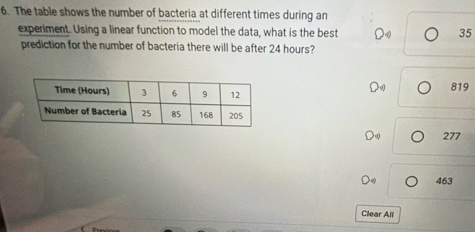 The table shows the number of bacteria at different times during an
experiment. Using a linear function to model the data, what is the best 35
prediction for the number of bacteria there will be after 24 hours?
a
819
277
0)
463
Clear All
Preious