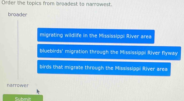 Order the topics from broadest to narrowest. 
broader 
migrating wildlife in the Mississippi River area 
bluebirds' migration through the Mississippi River flyway 
birds that migrate through the Mississippi River area 
narrower 
Submit