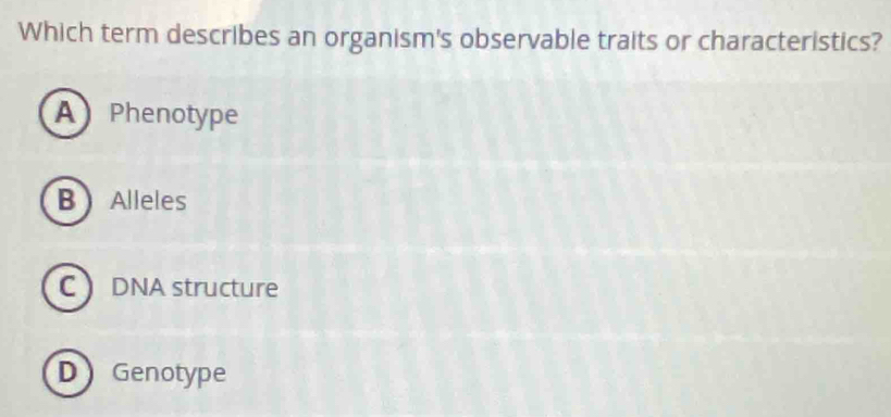 Which term describes an organism's observable traits or characteristics?
A Phenotype
B  Alleles
C DNA structure
D Genotype