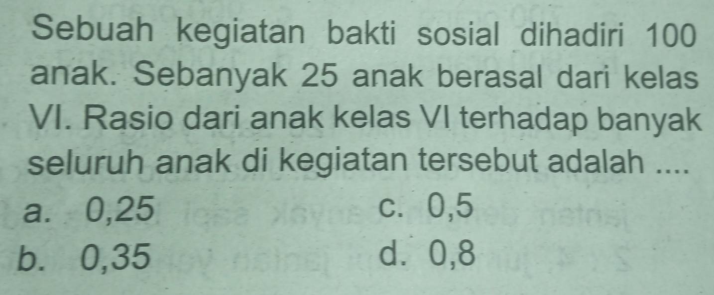 Sebuah kegiatan bakti sosial dihadiri 100
anak. Sebanyak 25 anak berasal dari kelas
VI. Rasio dari anak kelas VI terhadap banyak
seluruh anak di kegiatan tersebut adalah ....
a. 0,25 c. 0,5
b. 0,35 d ⩾0,8