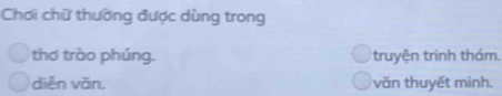 Chơi chữ thường được dùng trong
thơ trào phúng. truyện trinh thám.
diễn vǎn. văn thuyết minh.